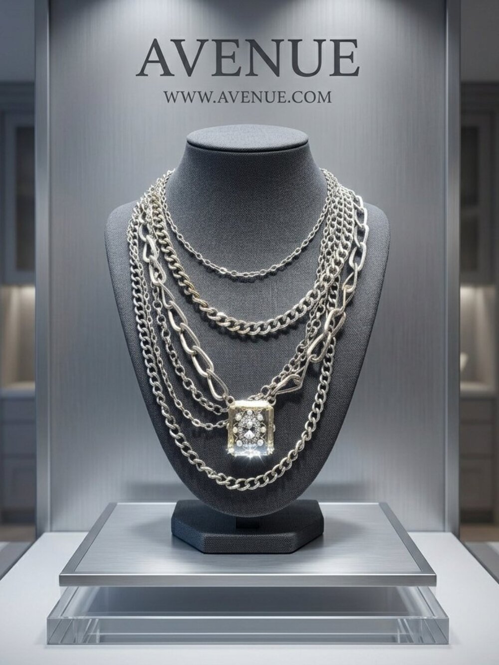 Avenue 6 Strand Silver Chain Statement Necklace Glass Stone Pearl Rhinestone